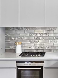 Gray Kitchen with Space Brown Subway Glass Backsplash Tile