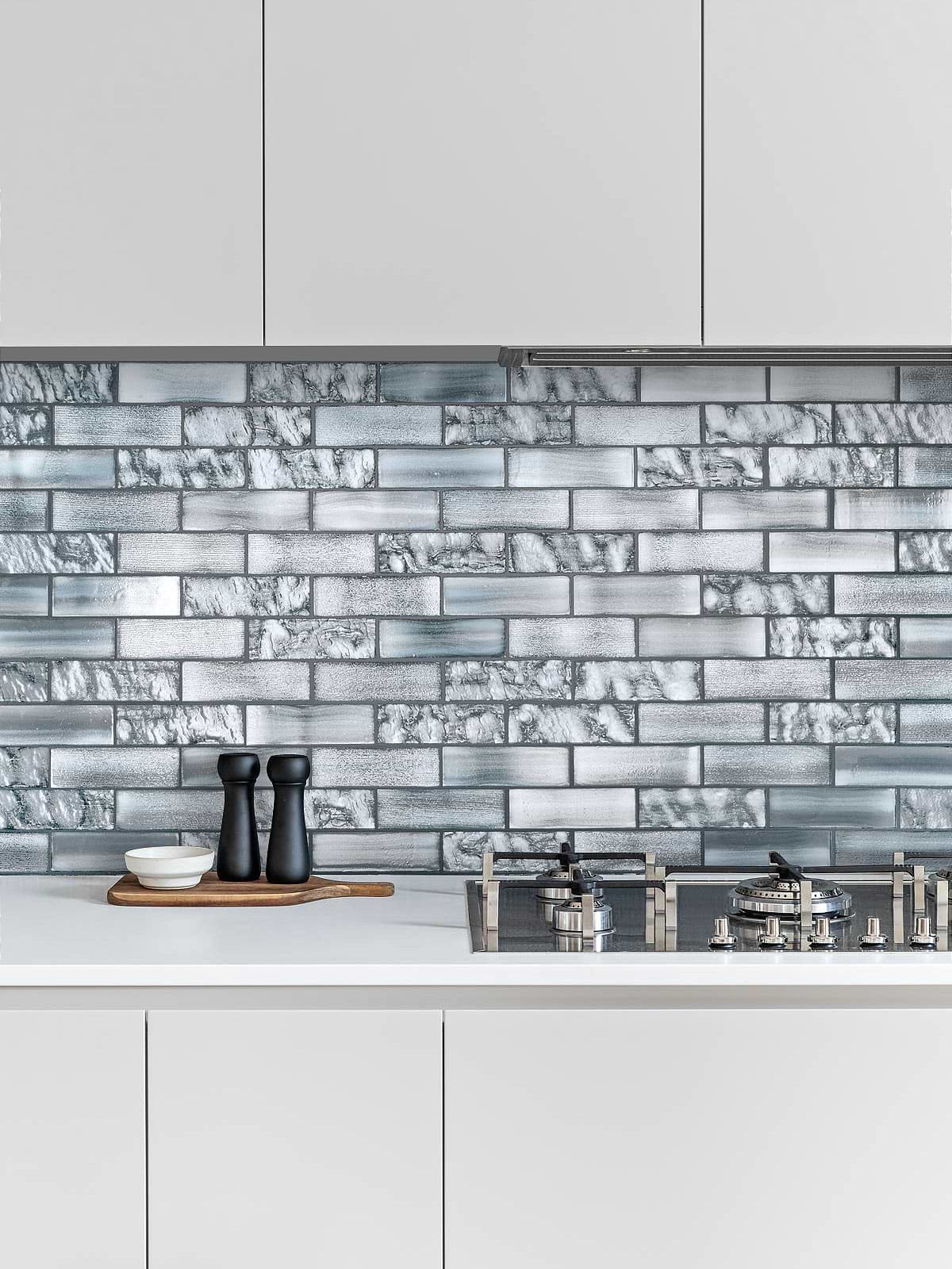 Modern Kitchen with Space Blue Subway Glass Backsplash Tile
