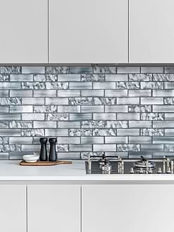 Modern Kitchen with Space Blue Subway Glass Backsplash Tile