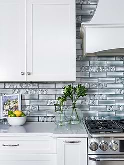 White Cabinet with Space Blue Subway Glass Backsplash Tile