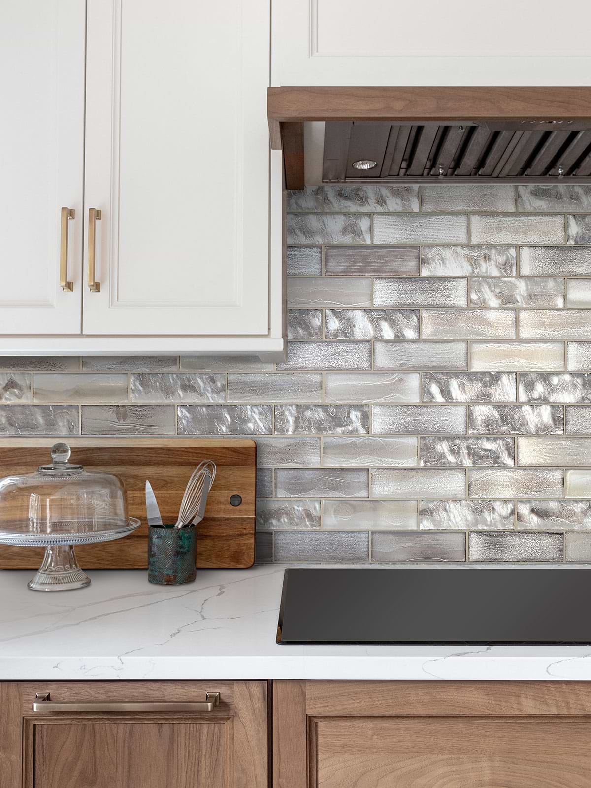 White Cabinet with Space Brown Subway Glass Backsplash Tile
