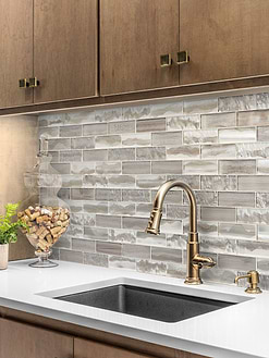 White Countertop with Space Brown Subway Glass Backsplash Tile