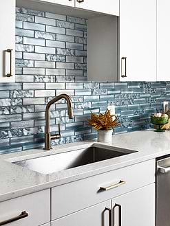 White Kitchen with Space Blue Subway Glass Backsplash Tile