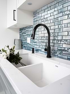White Quartz Top with Space Blue Subway Glass Backsplash Tile