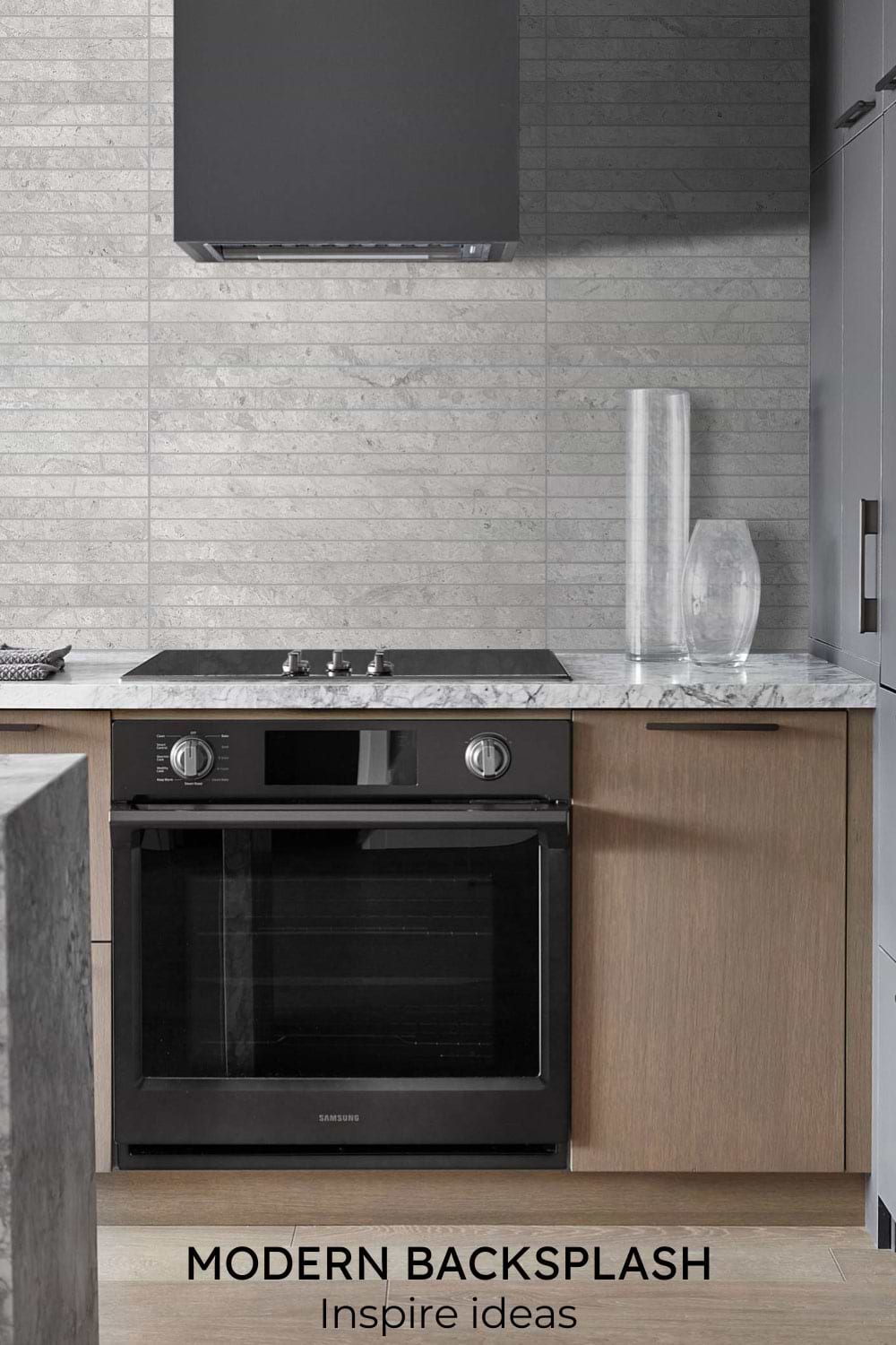 modern backsplash tile brown cabinets and floor