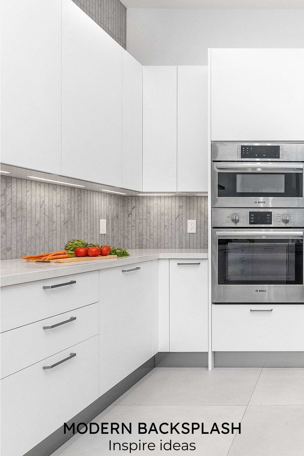 modern white cabinet with quartz backsplash tile