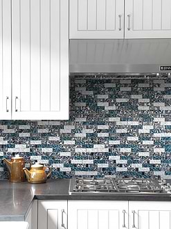 Black Countertop Blue White Subway Glass Backsplash Tile BA8011