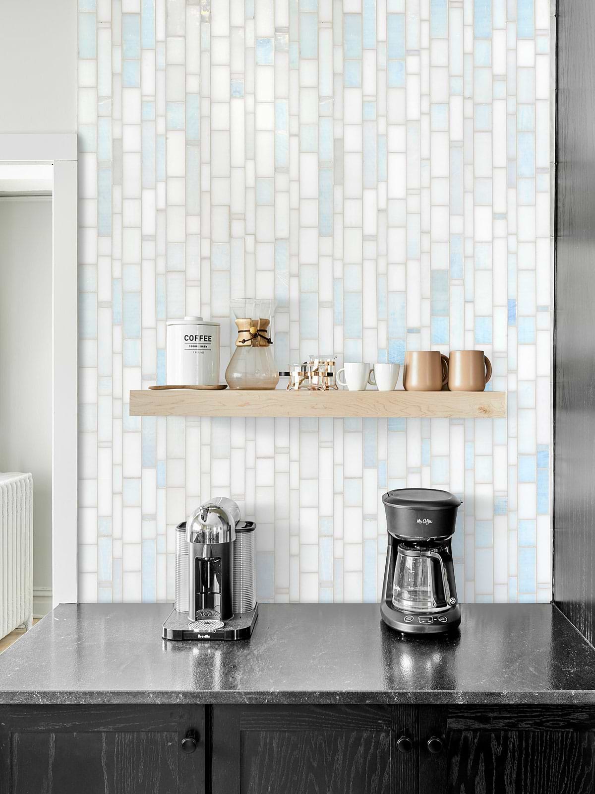 Black Countertop with Pearl Glass Subway Tile BA7016