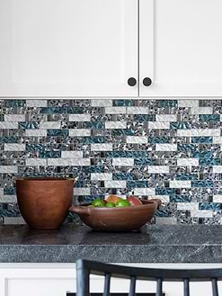 Black Granite Countertop Blue White Subway Glass Backsplash Tile BA8011