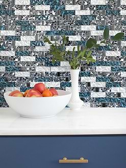 Blue Kitchen Cabinet Blue White Subway Glass Backsplash Tile BA8011