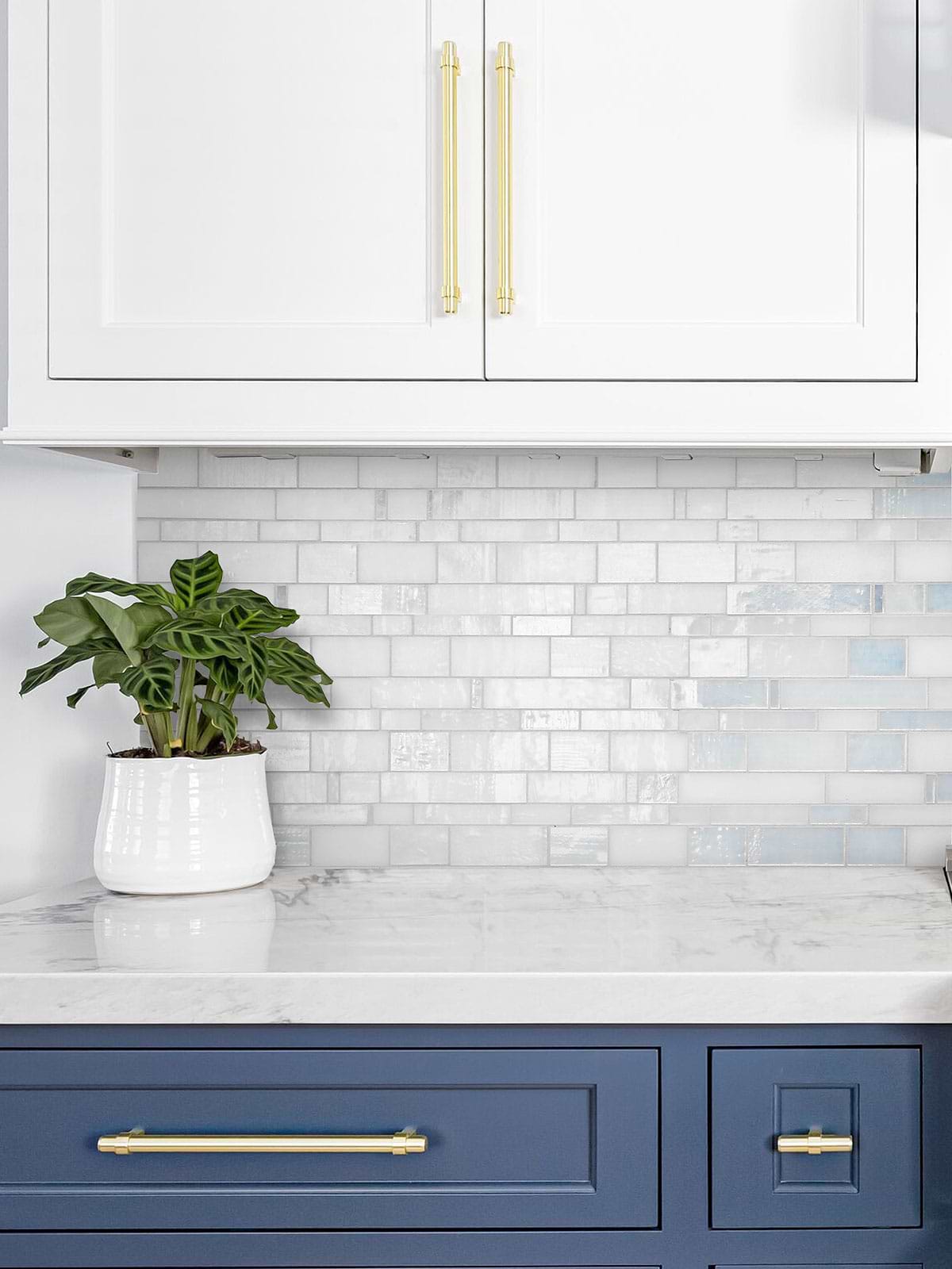 Blue White Cabinet with Pearl Glass Subway Tile BA7016