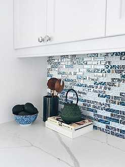 Quartz Countertop Blue White Subway Glass Backsplash Tile BA8011