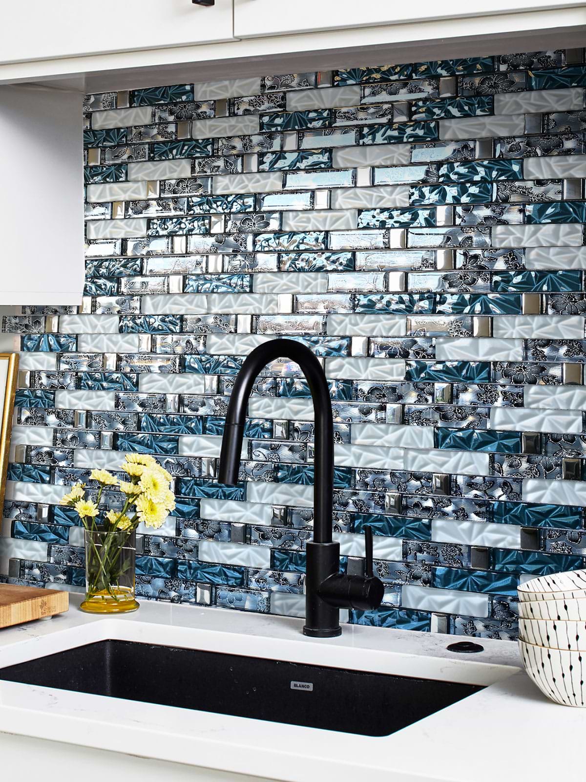 White Quartz Blue White Subway Glass Backsplash Tile BA8011