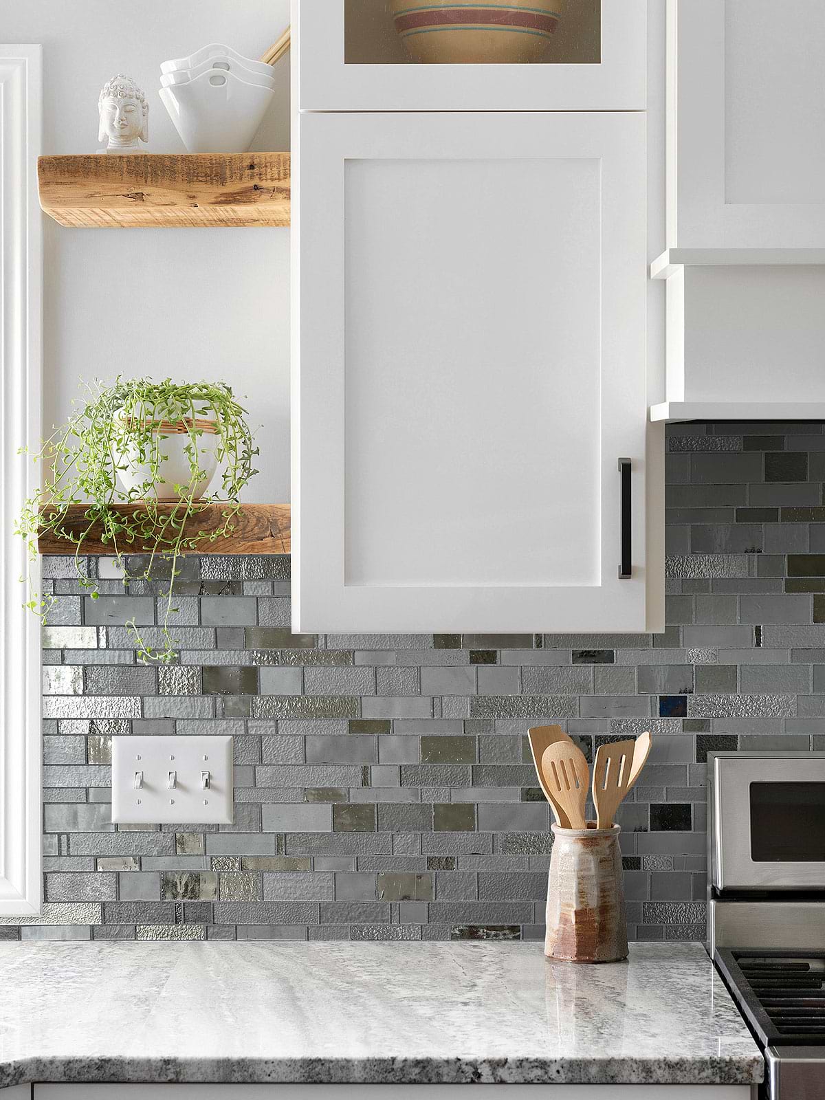 Gray Countertop with Gray Glass Artisan Mosaic Tile BA7018