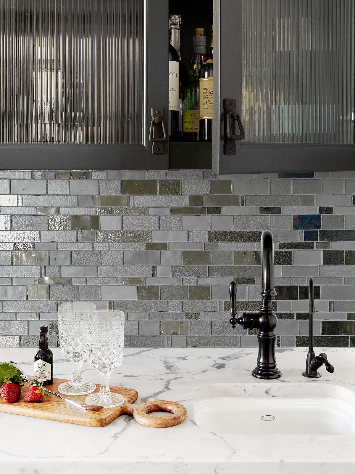 Marble Countertop with Gray Glass Artisan Mosaic Tile BA7018