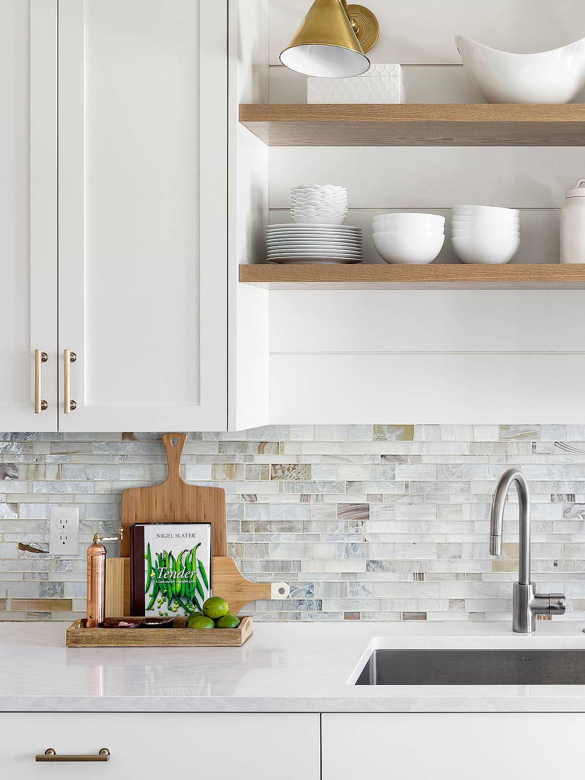 Quartz Cabinet with Opal Glass Artisan Mosaic Tile BA7015