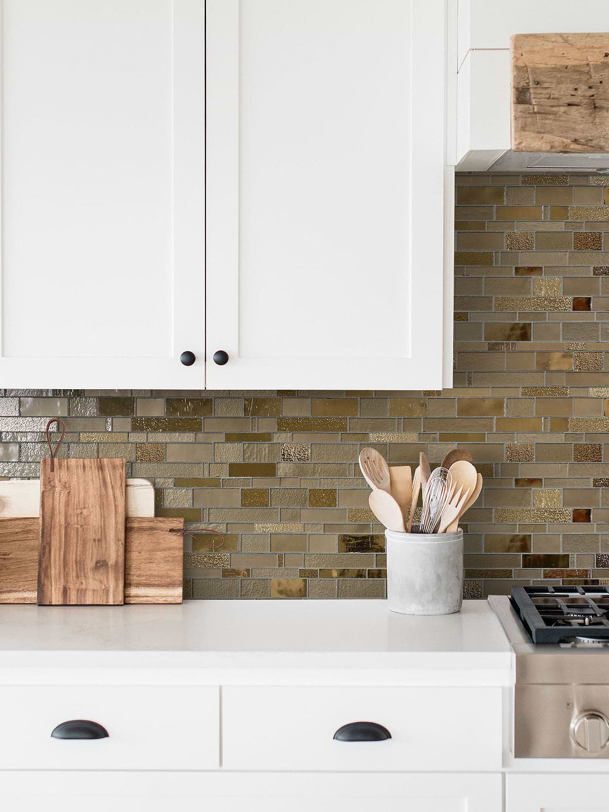 White Cabinet with Brown Glass Artisan Mosaic Tile BA7019