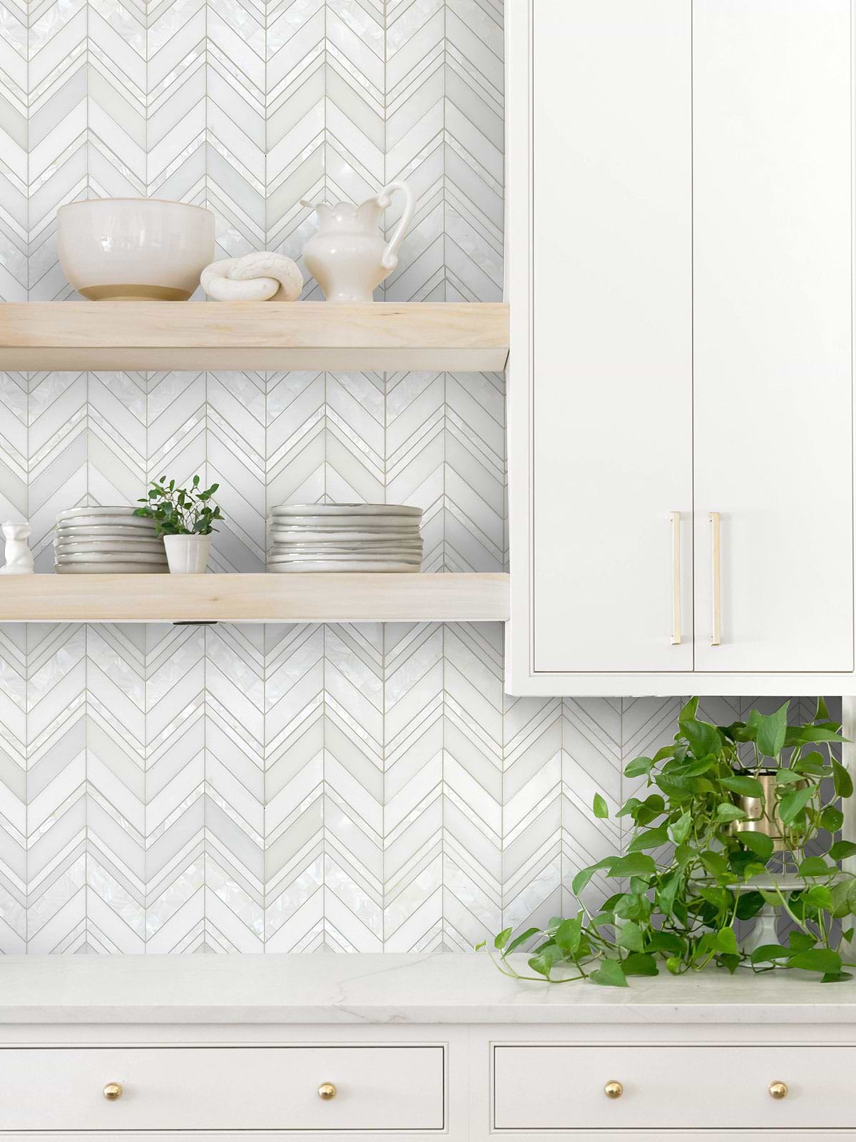 White Countertop with Chevron Pearl Marble Backsplash Tile BA8030