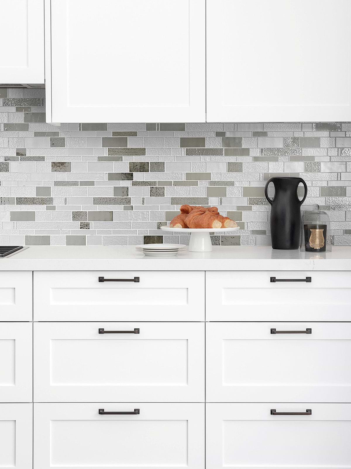 White Kitchen Cabinet with Diamond Glass Artisan Mosaic Tile BA7020