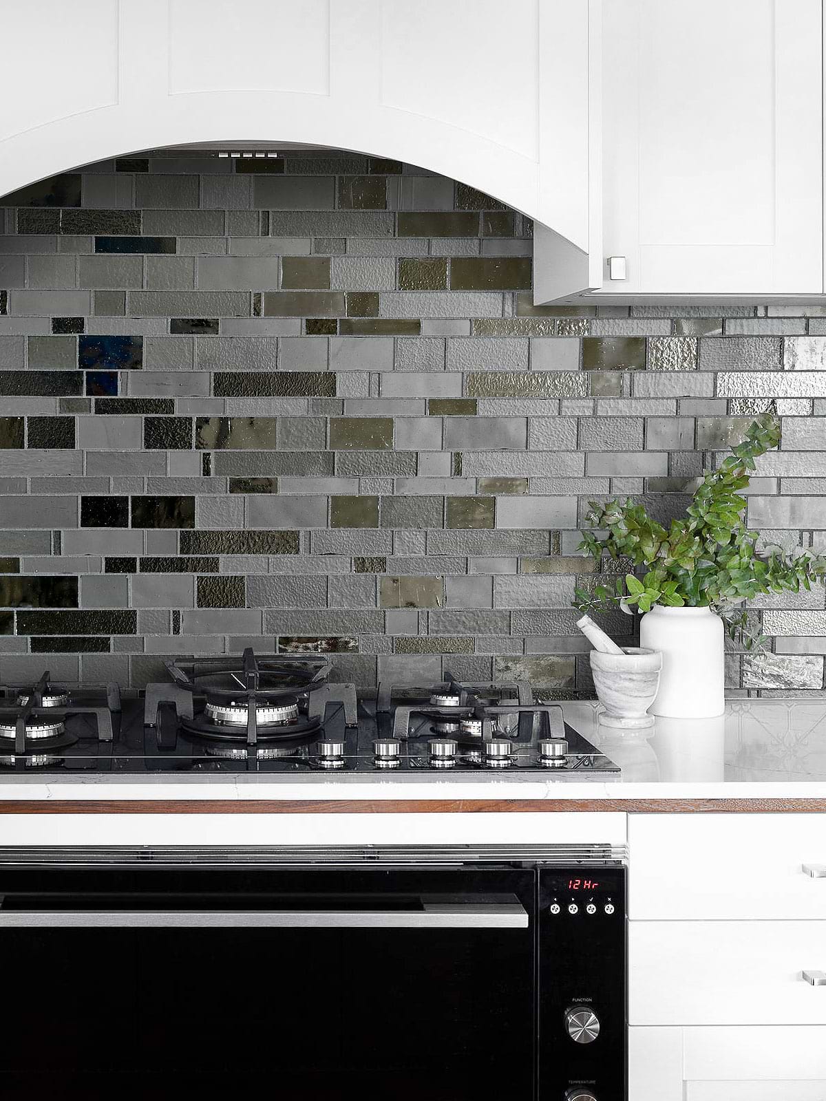 White Kitchen with Gray Glass Artisan Mosaic Tile BA7018
