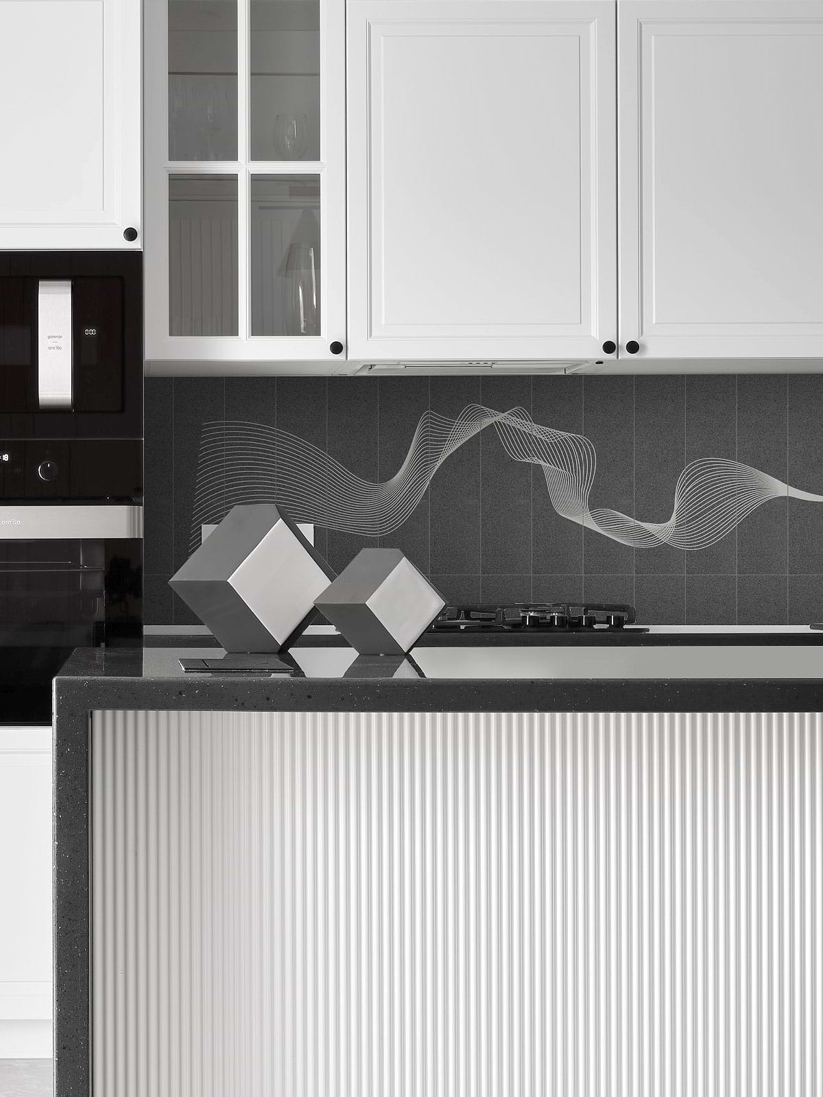 Black Countertop with Modern Custom Engraved Black Stone Tile Backsplash BA9901