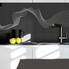 Modern White Kitchen with Custom Engraved Black Stone Tile Backsplash BA9901