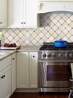 Giallo Ornamental with Light Travertine Tile Blue Glass BA1029