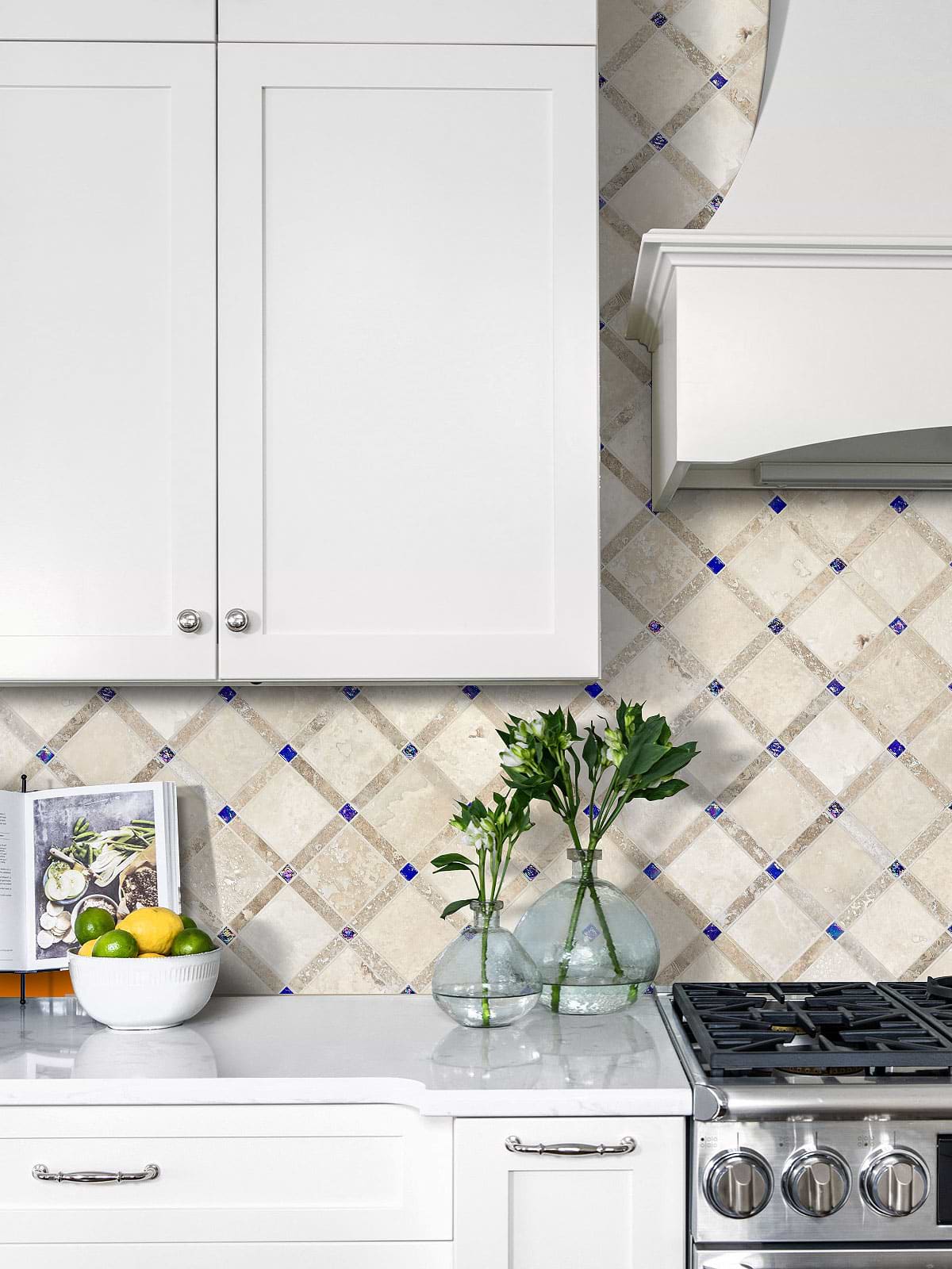 White Countertop with Light Travertine Tile Blue Glass BA1029