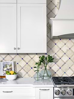 White Countertop with Light Travertine Tile Blue Glass BA1029