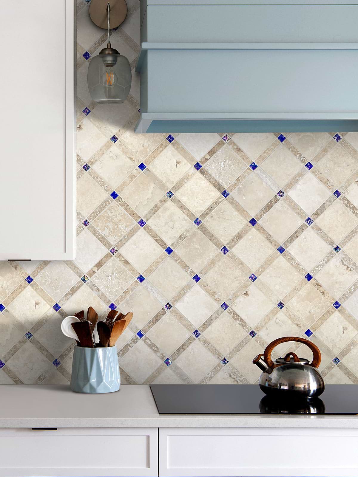 White Kitchen Cabinet with Light Travertine Tile Blue Glass BA1029