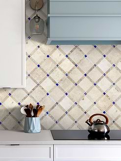 White Kitchen Cabinet with Light Travertine Tile Blue Glass BA1029