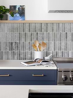 Blue Cabinets with Modern Gray Metallic Backsplash Tile BA6205