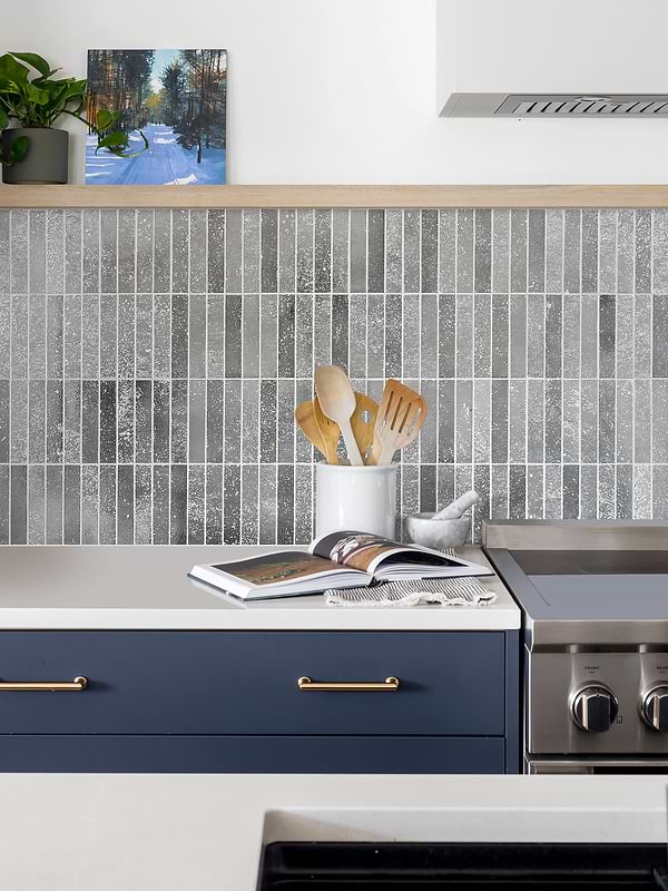 Blue Cabinets with Modern Gray Metallic Backsplash Tile BA6205