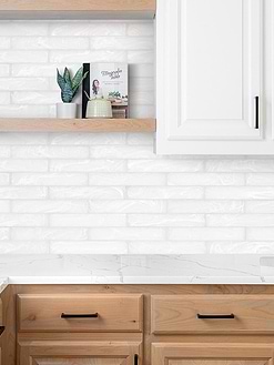 Brown Kitchen Cabinet with Milky White Glass Subway Backsplash Tile BA6707
