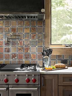 Brown Kitchen Cabinet with Slate Brown Gray Backsplash Tile BA1068
