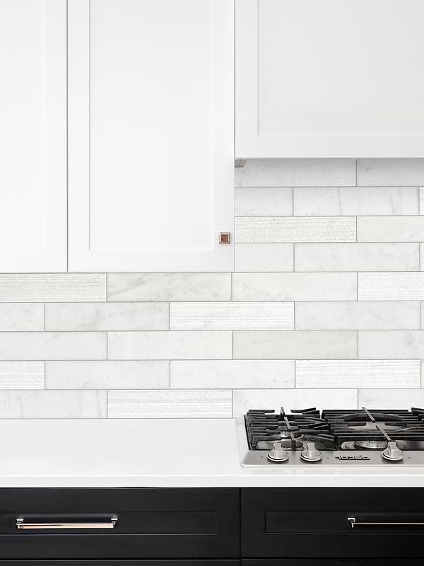 Dark Cabinet with Large White Marble Subway Backsplash Tile BA8035