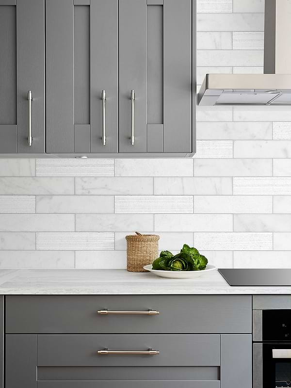Dark Gray Cabinet with Large White Marble Subway Backsplash Tile BA8035