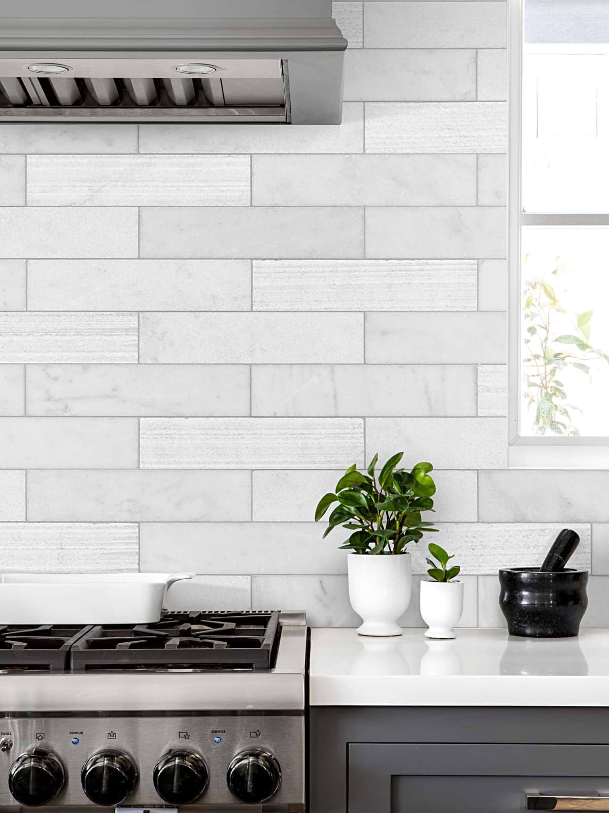 Gray Cabinet with Large White Marble Subway Backsplash Tile BA8035