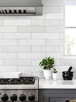 Gray Cabinet with Large White Marble Subway Backsplash Tile BA8035
