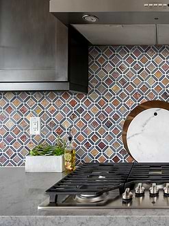 Gray Cabinets with Rusty Brown Gray Diamond Slate Backsplash Tile BA1067