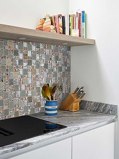 Gray Countertop with Rose Gold Gray Glass Slate Backsplash Tile BA8007