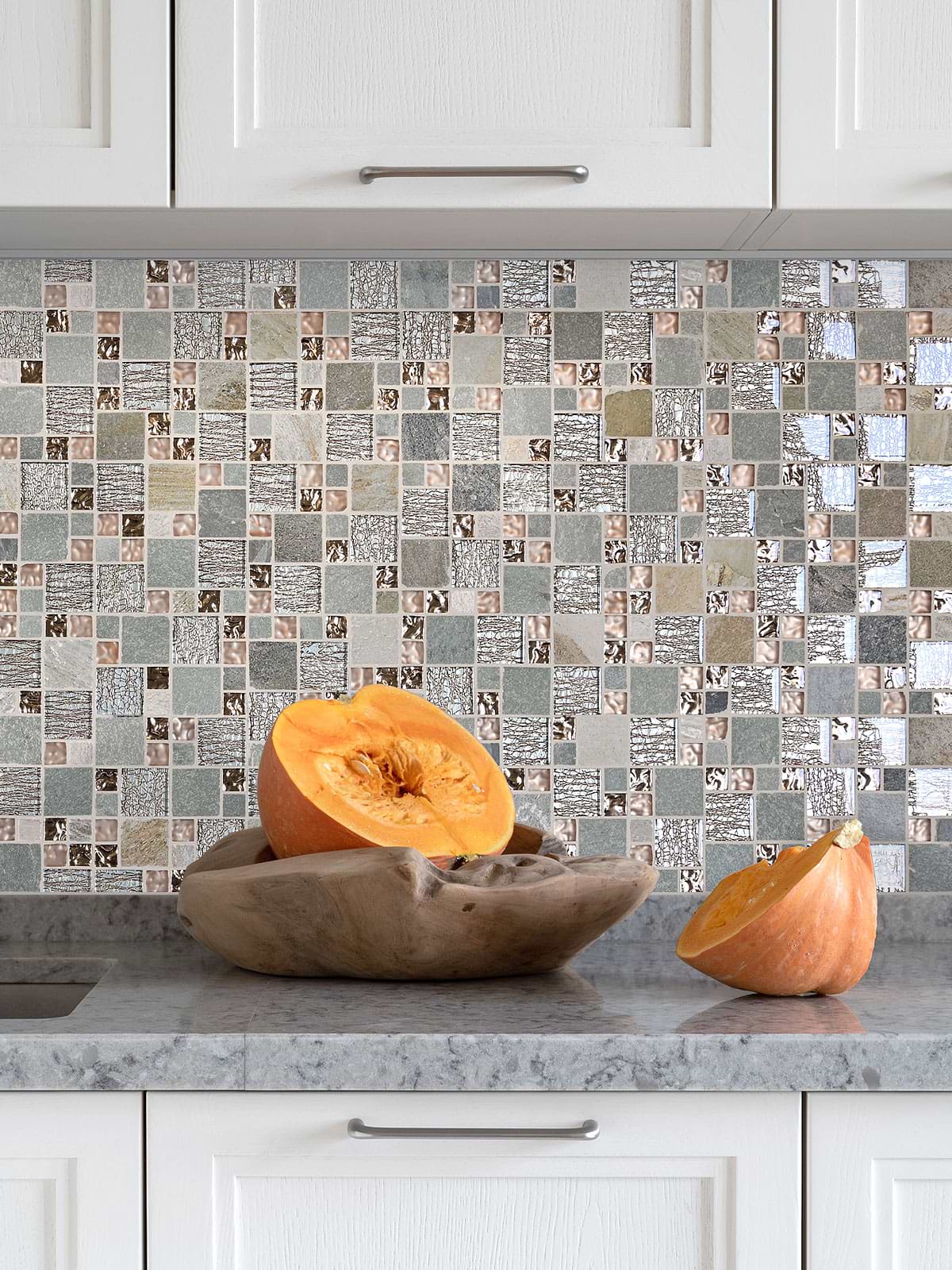 Gray Granite Top with Rose Gold Gray Glass Slate Backsplash Tile BA8007