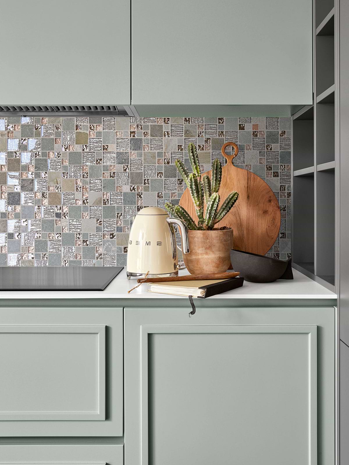 Green Cabinets with Rose Gold Gray Glass Slate Backsplash Tile BA8007