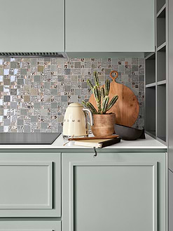 Green Cabinets with Rose Gold Gray Glass Slate Backsplash Tile BA8007