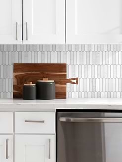 Quartz Countertop with Modern Picket White Gray Marble Backsplash Tile BA6321
