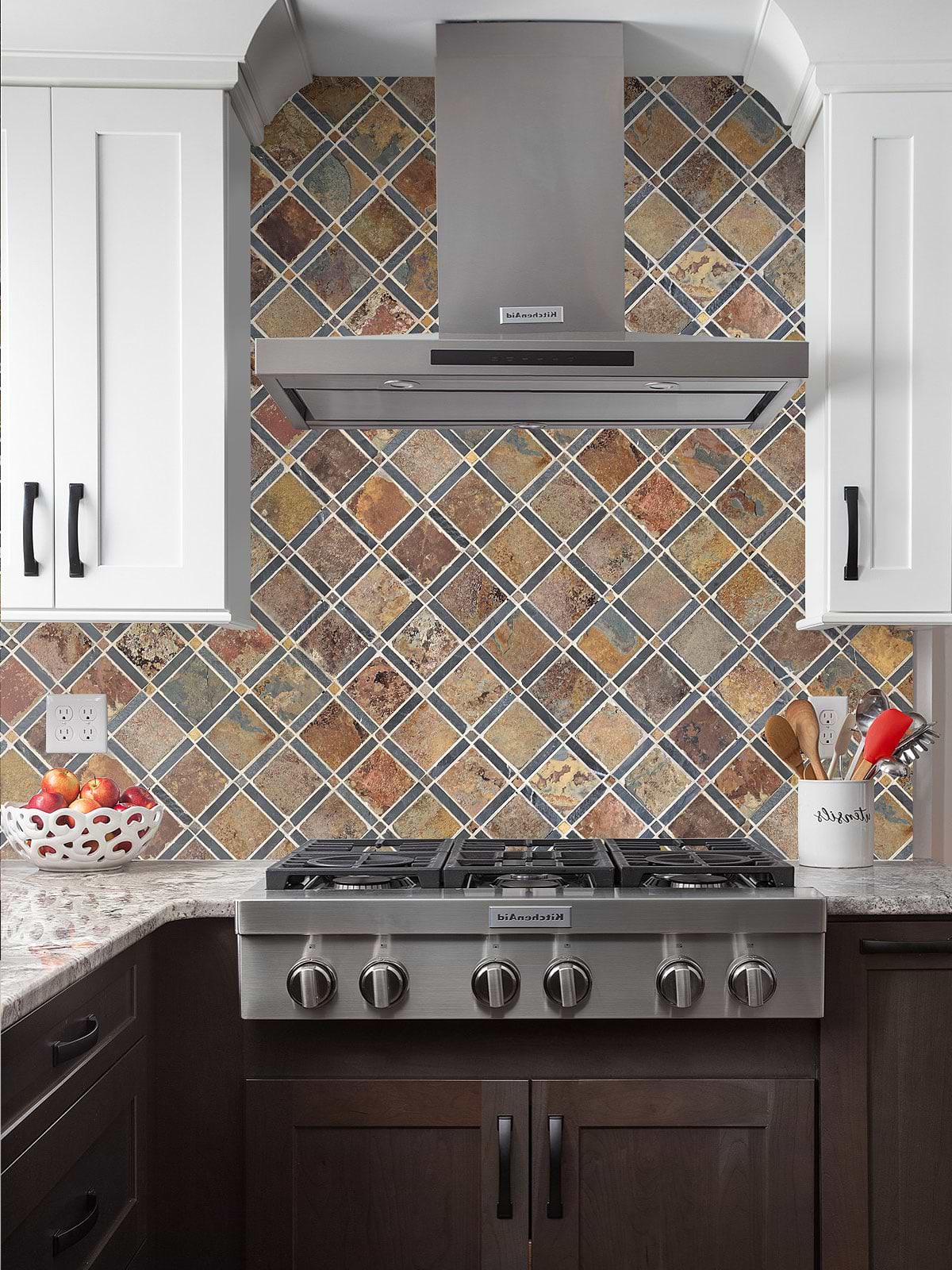Two Tones Cabinets with Slate Brown Gray Backsplash Tile BA1068