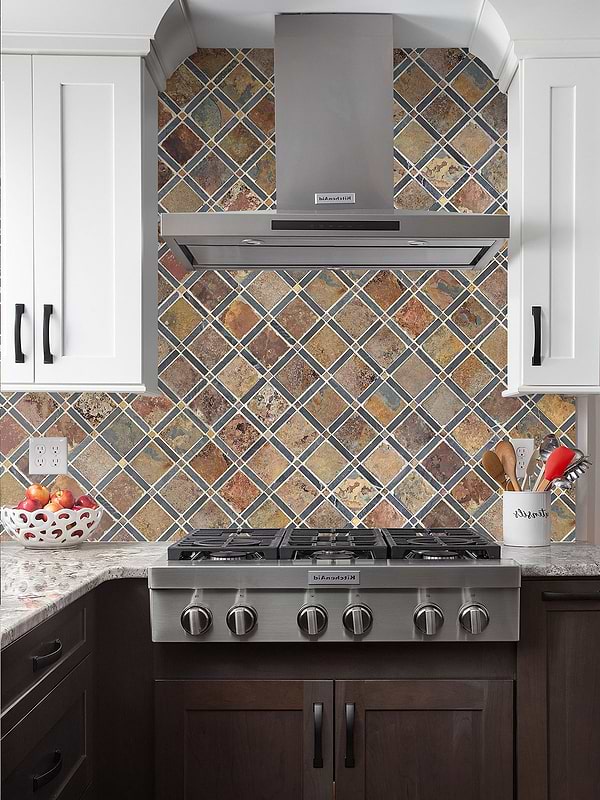 Two Tones Cabinets with Slate Brown Gray Backsplash Tile BA1068