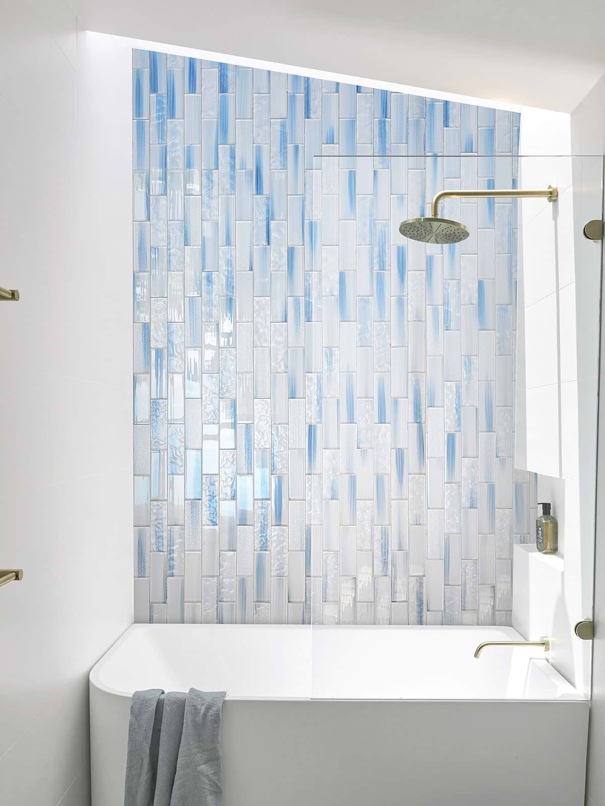 Bathroom Shower Wall With Ocean Blue Glass Subway Tile BA5507