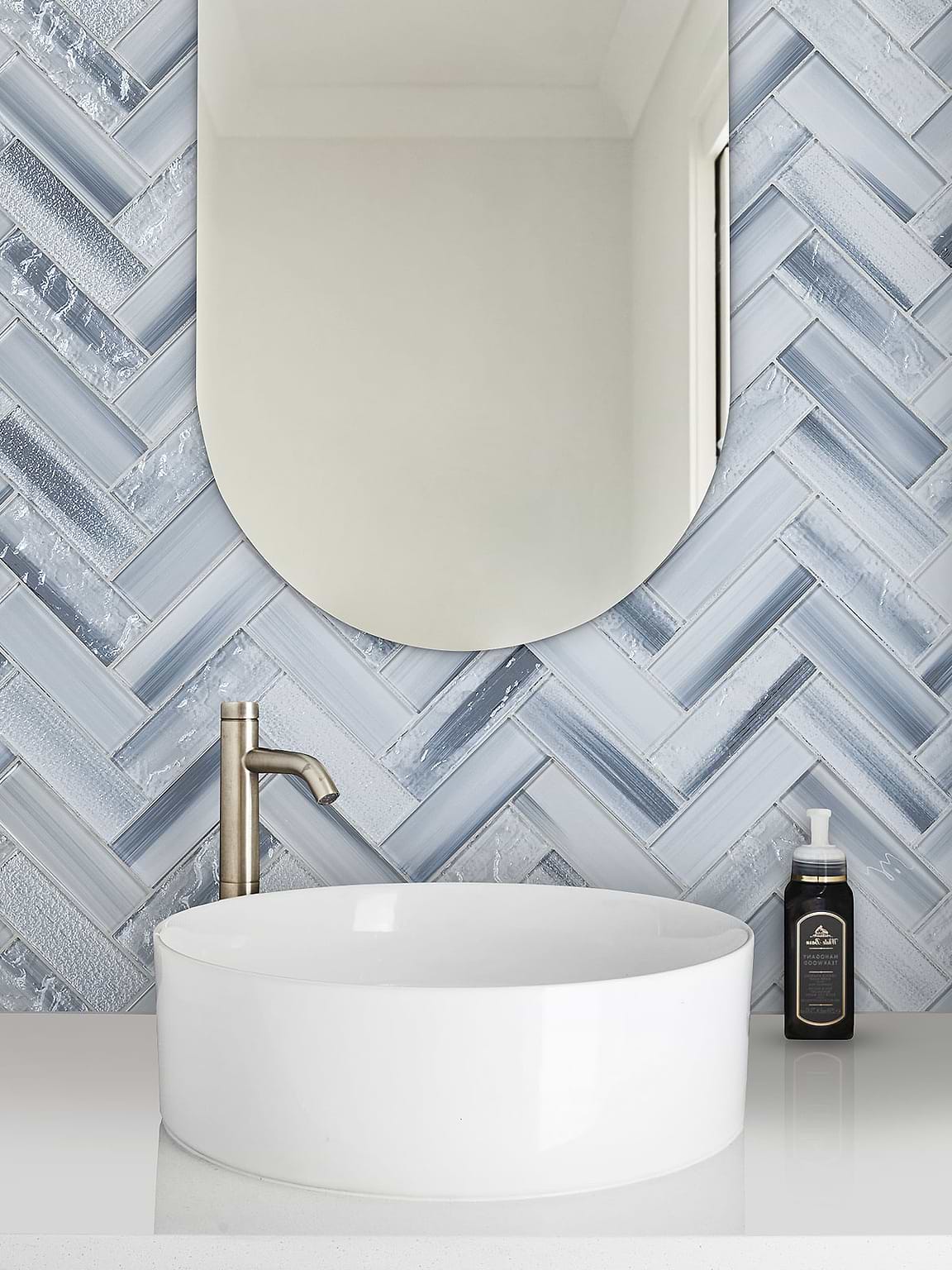 Blue Gray Textured Glass Herringbone Tile - BA5507