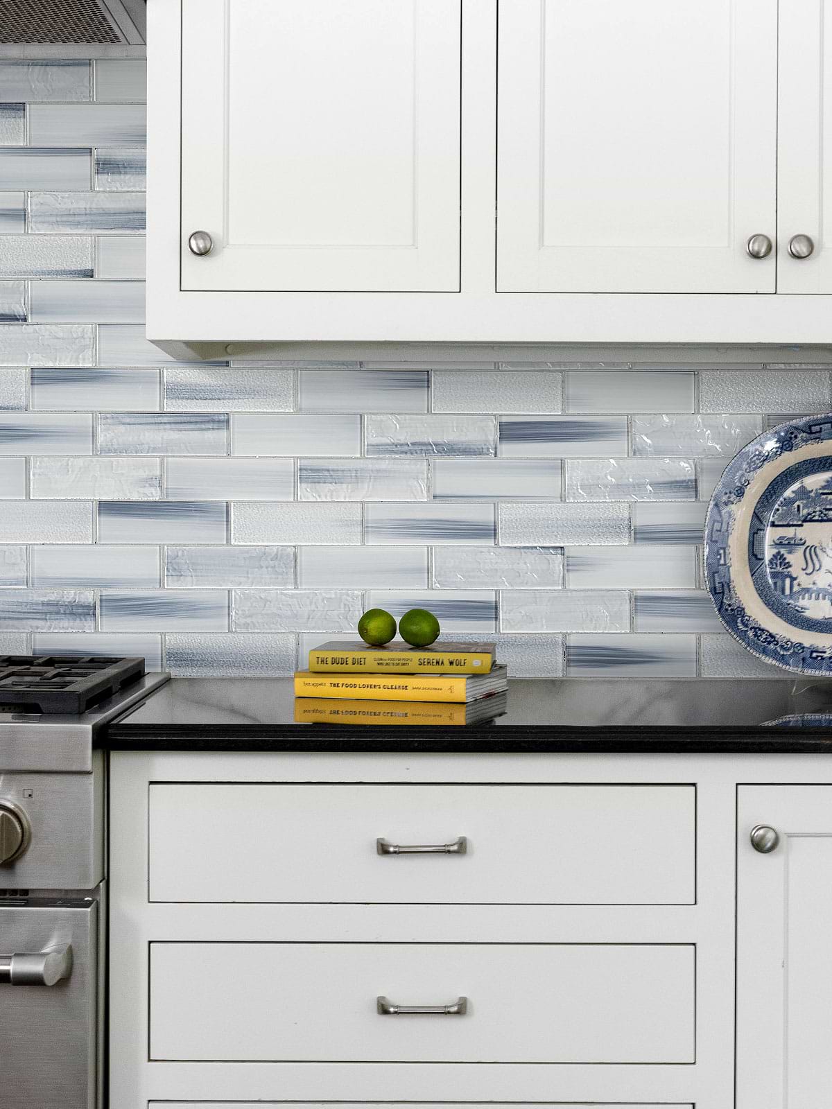 Black Countertop with Blue Gray Subway Glass Tile BA5507